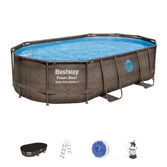 Piscine BESTWAY hors sol ovale Power Steel Swim Vista rotin 488 x 305 x 107cm
